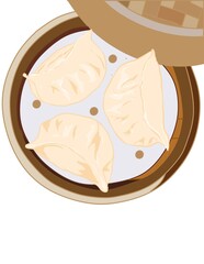 Hand drawn illustration of dumpling in the bamboo steamer on a white background.