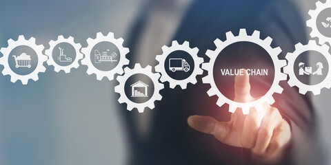 Value chain, business strategy concept. Touching screen on the value chain icons. The full...