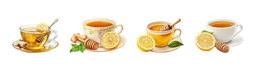 collection of cup of ginger honey with lemon tea isolated on transparent background