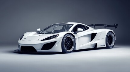 Fototapeta premium sleek open-cockpit race car, pure white exterior, performance-focused design, front quarter view, sophisticated suspension system, competition racing tires, articulated wing components, minimalist