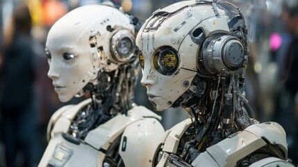 Fototapeta premium Group of humanoid robots walking through a futuristic hallway