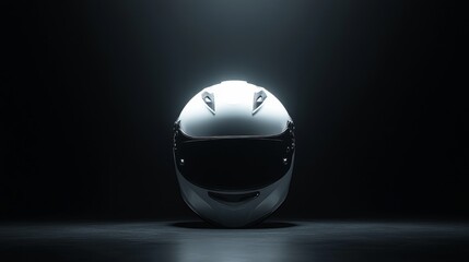 competition helmet floating in darkness, pristine white surface, elegant engineering design, carbon fiber accents, dramatic spotlight effect, professional studio backdrop, artistic product shot, high