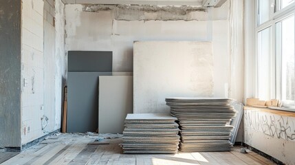 A construction space with stacked drywall and unfinished walls.