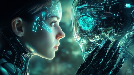 Futuristic woman with neon blue lighting in a sci-fi setting