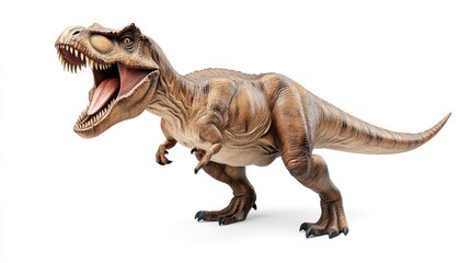 A detailed model of a Tyrannosaurus rex dinosaur with an open mouth.