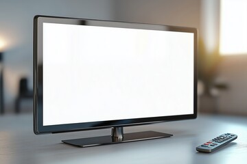 Fototapeta premium A close-up view of a sleek 3D TV screen with a black border, standing on a modern table, accompanied by a remote control, with soft lighting in a contemporary interior setting