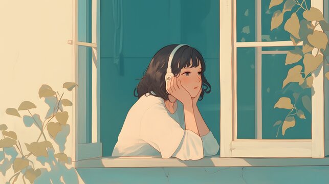 Girl looking out of a window, listening to lofi beats, creating a calm and introspective scene