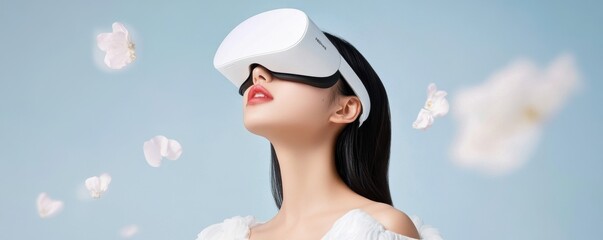 Asian female experiencing virtual reality with headset and white flowers