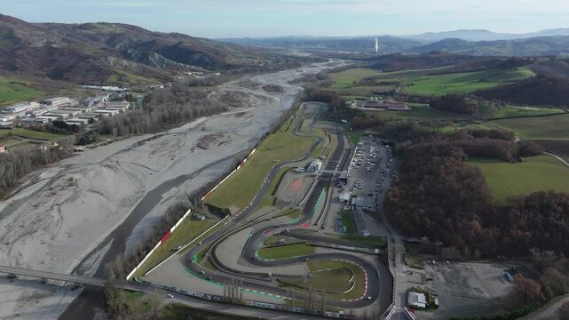 aerial overview of the Autodromo Riccardo Paletti race track for motorsports near Varano in the Province of Parma, Italy