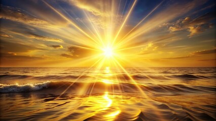 Golden Sunburst Pattern Over Ocean Waves, radiant light, serene landscape,  radiant light