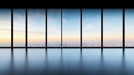 Naklejka premium Panoramic cityscape view from modern glass windows at sunrise