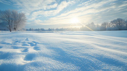 冬の草原に広がる雪と薄明るい光芒の広大な風景