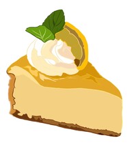 Hand drawn illustration of a slice of cheesecake on a white background.