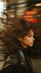 Obraz premium Stylish woman walking in motion in an urban city street