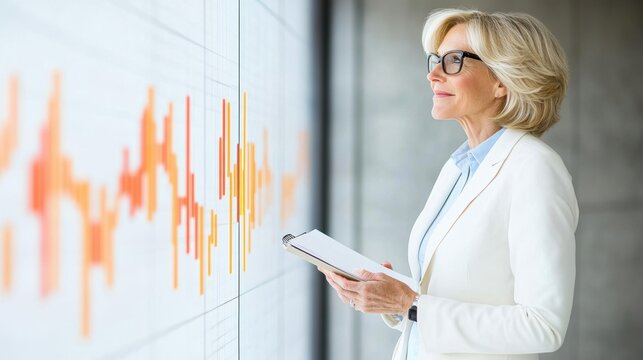 Caucasian mature female analyst examining financial graphs in office setting