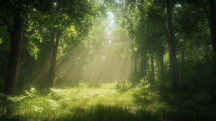 Fototapeta premium 光芒が揺れる夏の森林浴の穏やかな時間