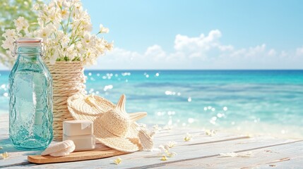 Obraz premium Shells on sand with seabeach background, summer holiday