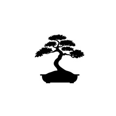 Silhouette of a bonsai tree in a pot.