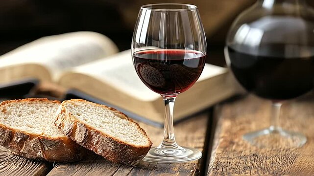 Communion Elements on Rustic Table with Bible Background