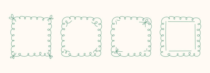 Hand Drawn frame set with doodle squares, ribbons. Whimsical line borders for birthday, christmas, menu, wedding Invitations, photo. Coquette vintage minimal elements in trendy line art style. Vector