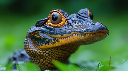 Fototapeta premium Close-up of a unique amphibian with striking features in a lush environment.