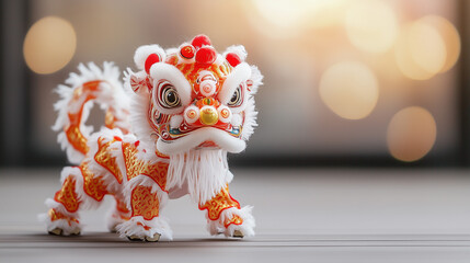 Fototapeta premium Chinese New Year Lion Dance: A traditional lion dance costume, a symbol of good luck and prosperity, takes center stage against a backdrop of warm, festive lights.