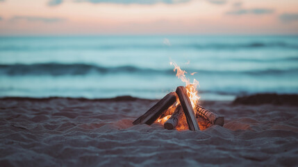 Bonfire burning on the beach at sunset, casting a warm glow over the sand and waves, creating a cozy and inviting atmosphere for relaxation