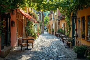 Fototapeta premium Narrow cobblestone street with colorful houses and flowers