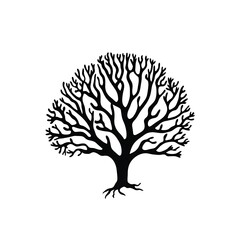 A stylized black tree silhouette with intricate branches.