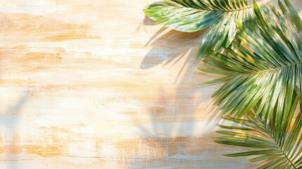 pastel color wooden table with scattered tropical leaves backgorund