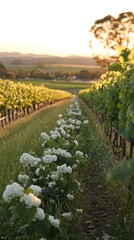 Serene Vineyard Sunset, Blooming Flowers, and Lush Landscape