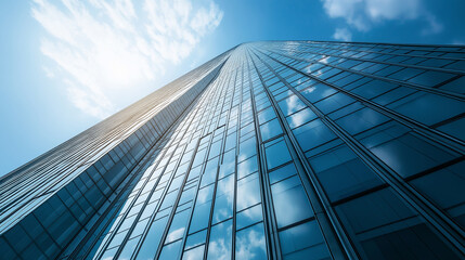 Low angle view capturing a modern skyscraper reflecting vibrant clouds and sunlight on its sleek glass facade against a blue sky