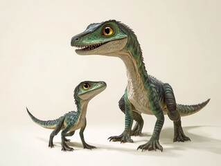 Obraz premium Two animated dinosaurs, one larger and one smaller, posed together on a light background.