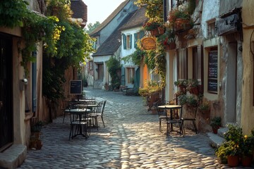 Obraz premium Cobblestone street with tables and chairs outside cafes