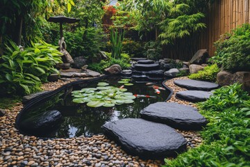 Stone path crossing a small pond in a lush tropical garden