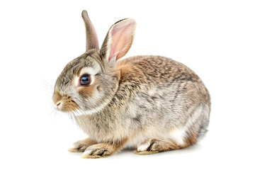 Obraz premium Close-up shot of a rabbit on a white surface , Surprised Funny Cute Bunny with Big Eyes on Light Background, Cute Animal Portrait ,white rabbit ,Close-Up of Rabbit With Soft Gray Fir Against Light 