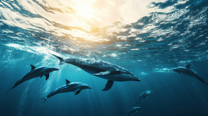 Majestic whale and playful dolphins gracefully navigate the clear blue ocean depths, illuminated by the warm, golden sunlight