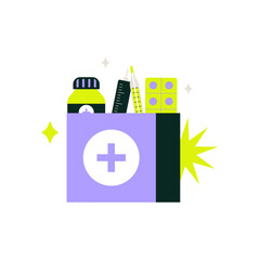 Medical Kit With Supplies Including Thermometer And Medicine In Flat Vector Illustration Symbolizing First Aid, Health, And Emergency Care, Isolated On White Background.