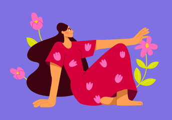 Woman Calm and Relaxed. Mental health, Self care Concept. Vector Hand Drawing Illustration in Flat Style.