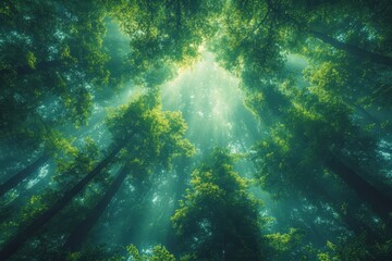 Obraz premium Sunlight filters through dense forest canopy, creating a tranquil atmosphere and highlighting nature's beauty