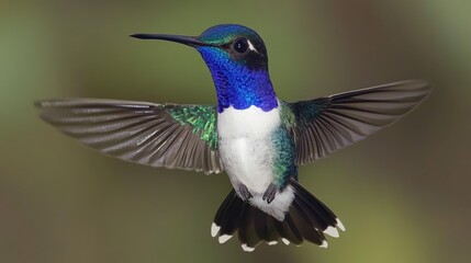 Fototapeta premium A vibrant hummingbird in mid-flight, showcasing its iridescent feathers and delicate wings.