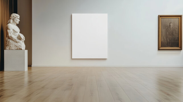 Naklejki Large blank canvas hanging in a bright art gallery next to a classical statue and a framed painting, perfect for showcasing artwork