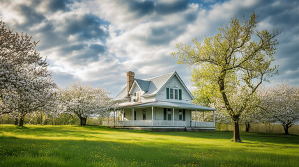 Obraz premium farmhouse surrounded by blooming apple trees, with soft clouds in the sky and vibrant green grass
