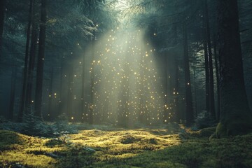 Obraz premium Sunbeams shining through dense forest creating a magical atmosphere