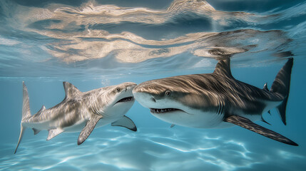 Naklejka premium Mother shark swimming closely with her pup in a vibrant underwater scene