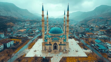 Obraz premium Majestic Mountain Mosque: A Breathtaking Architectural Marvel in a Serene Landscape. Explore this spiritual haven nestled amidst stunning natural beauty.