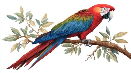 Obraz premium A vibrant illustration of a parrot perched on a branch surrounded by leaves.