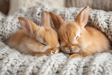 Fototapeta premium Adorable Baby Bunnies Sleeping on Cozy Knit Blanket for Easter