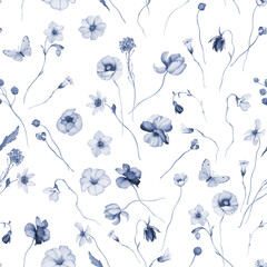 Seamless Floral Pattern with White Flowers and Butterflies