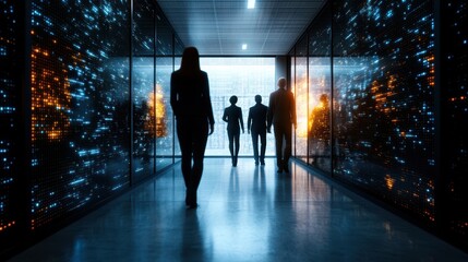 Diverse group walking through futuristic data center corridor